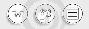 Set line Computer api interface, Drone and Robot charging battery icon. Vector