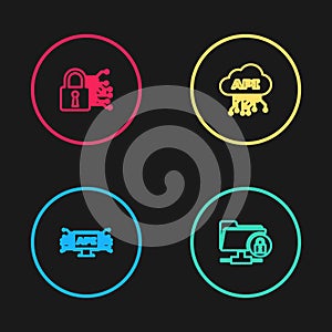 Set line Computer api interface, FTP folder and lock, Cloud and Cyber security icon. Vector