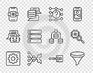Set line Computer api interface, Funnel or filter, Neural network, Artificial intelligence AI, Server, Data, Binary code