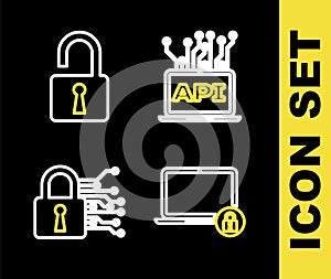 Set line Computer api interface, Laptop and lock, Cyber security and Open padlock icon. Vector