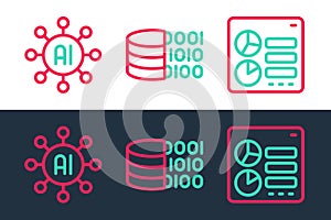 Set line Computer api interface, Neural network and Binary code icon. Vector