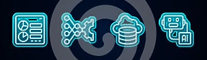 Set line Computer api interface, Neural network, Cloud database and Artificial intelligence robot. Glowing neon icon
