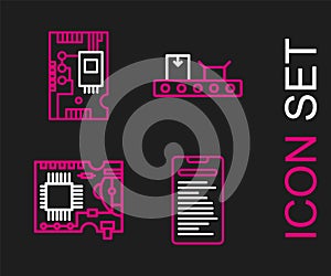 Set line Computer api interface, Printed circuit board PCB, Conveyor belt with cardboard box and Electronic computer