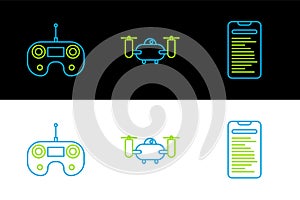 Set line Computer api interface, Remote control and Drone flying with action camera icon. Vector