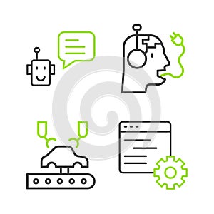 Set line Computer api interface, Robotic robot arm on factory, charging battery and Bot icon. Vector