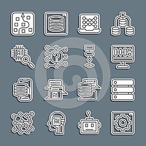 Set line Computer api interface, Server, Data, Algorithm, Neural network, Processor CPU, and icon. Vector
