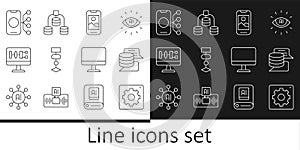 Set line Computer api interface, Server, Data, Mobile phone, Algorithm, Neural network, monitor and icon. Vector