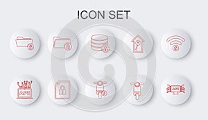 Set line Computer api interface, Server security with lock, Scooter, Folder and, Document and Electric scooter icon