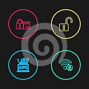 Set line Computer api interface, Wifi locked, Open padlock and Credit card with icon. Vector