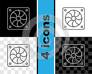 Set line Computer cooler icon isolated on black and white, transparent background. PC hardware fan. Vector