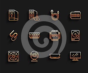 Set line Computer cooler, Web camera, Case of computer, Laptop, monitor screen, RAM, random access memory, Hard disk