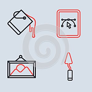 Set line Computer with design program, Picture landscape, Palette knife and Paint bucket icon. Vector