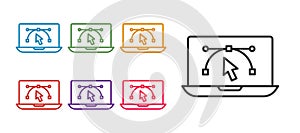 Set line Computer display with vector design program icon isolated on isolated on white background. Photo editor