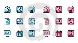 Set line Computer with growth graph, Calendar, Stocks market graphs, Pie chart infographic, Trading courses, Online