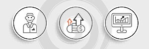 Set line Computer with growth graph, Trader and Financial and coin icon. Vector