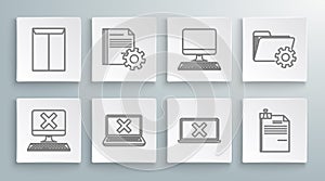 Set line Computer with keyboard and x mark, Document settings gears, Laptop cross on screen, File document binder clip