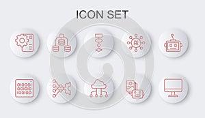 Set line Computer monitor, Binary code, Algorithm, Artificial intelligence robot, Neural network, Server, Data, and