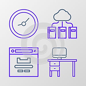 Set line Computer monitor and desk, Browser window, Cloud online library and Clock icon. Vector