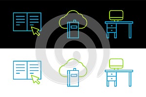 Set line Computer monitor and desk, Online book and Cloud online library icon. Vector