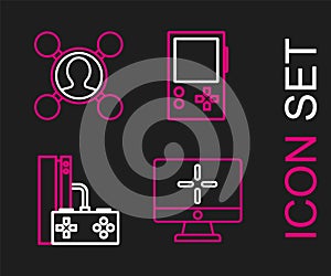 Set line Computer monitor, Game console with joystick, Portable video game and Share icon. Vector