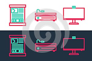 Set line Computer monitor, Game guide and Video game console icon. Vector