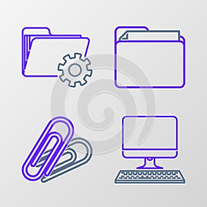 Set line Computer monitor with keyboard, Paper clip, Document folder and Folder settings gears icon. Vector