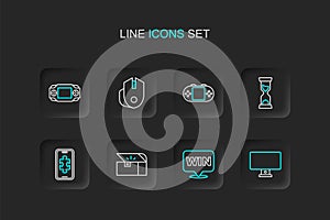 Set line Computer monitor, Medal, Chest for game, Mobile gaming, Old hourglass, Portable video console, mouse and icon