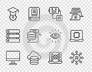 Set line Computer monitor, Neural network, Artificial intelligence robot, Cloud database, Graduation cap, Server, Data