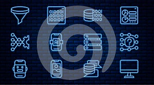 Set line Computer monitor, Neural network, Binary code, Artificial intelligence AI, Funnel filter, Server, Data and icon