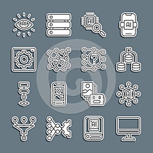 Set line Computer monitor, Neural network, Server, Data, Processor CPU, api interface, Artificial intelligence AI and