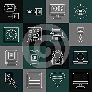 Set line Computer monitor, Processor CPU, Algorithm, Neural network, api interface, Artificial intelligence robot and