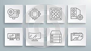 Set line Computer monitor, Processor with CPU, screen, Server, Data, Web Hosting, Video graphic card, cooler, Case of