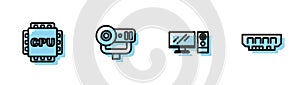 Set line Computer monitor, Processor with CPU, Web camera and RAM, random access memory icon. Vector