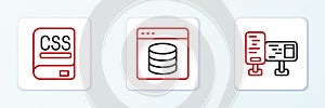 Set line Computer monitor screen, Books about programming and Server, Data, Web Hosting icon. Vector