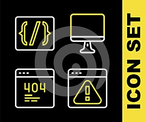 Set line Computer monitor screen, Browser with exclamation mark, Page 404 error and Programming language syntax icon