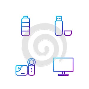 Set line Computer monitor screen, Cinema camera, Battery charge level indicator and USB flash drive. Gradient color