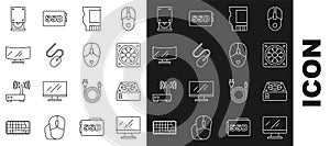 Set line Computer monitor screen, cooler, SD card, mouse, Optical disc drive and icon. Vector