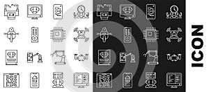 Set line Computer monitor screen, Drone flying with action camera, Algorithm, Remote control, Robot, Assembly line and