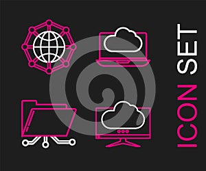 Set line Computer monitor screen, Folder and lock, Cloud technology data transfer storage and Global social network icon