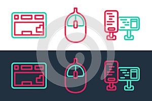 Set line Computer monitor screen, Keyboard and mouse icon. Vector