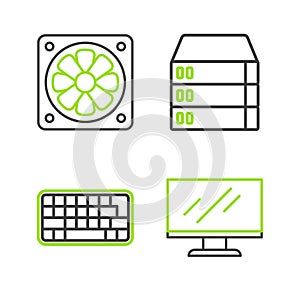 Set line Computer monitor screen, Keyboard, Server, Data, Web Hosting and cooler icon. Vector