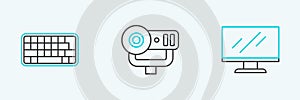 Set line Computer monitor screen, Keyboard and Web camera icon. Vector