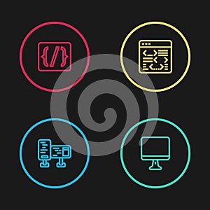 Set line Computer monitor screen, , Software and Programming language syntax icon. Vector