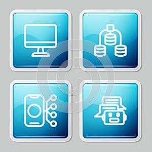 Set line Computer monitor, Server, Data, Neural network and Chat bot icon. Vector