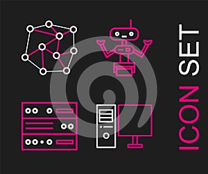 Set line Computer monitor, Server, Data, Web Hosting, Robot and Neural network icon. Vector