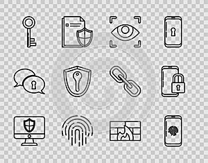 Set line Computer monitor and shield, Smartphone with fingerprint scanner, Eye, Fingerprint, Key, Shield key, Firewall