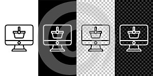 Set line Computer monitor with shopping basket icon isolated on black and white background. Online Shopping cart