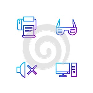 Set line Computer monitor, Speaker mute, Printer and Smart glasses. Gradient color icons. Vector