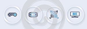 Set line Computer monitor, Sword for game, Portable video console and Game controller joystick icon. Vector