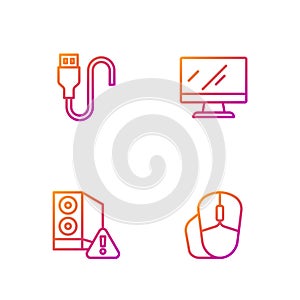 Set line Computer mouse, Case of computer, USB cable cord and monitor screen. Gradient color icons. Vector